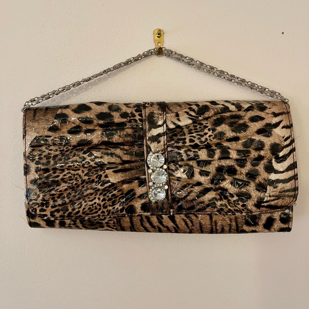Tiger/Cheetah leather clutch with silver chain strap/crystal accents